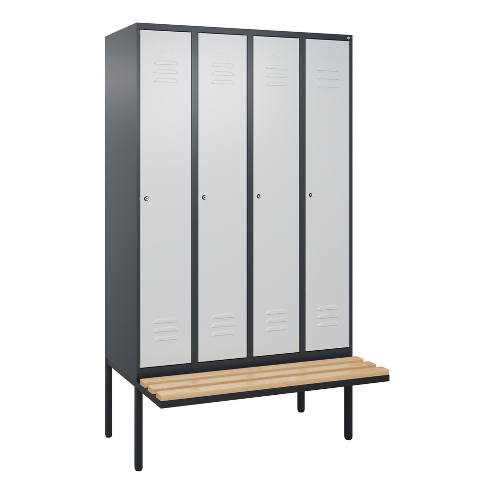 Produktabbildung: C+P Spind Classic PLUS, 4 Abteile, Trennwand, HxBxT 2.120 x 1.200 x 815 mm, Zylinderschloss, auskragende Bank aus Buche, anthrazitgrau, lichtgrau