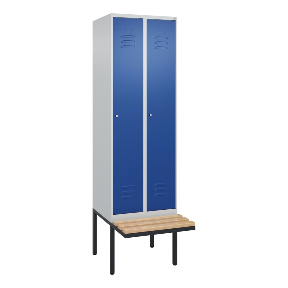 Produktabbildung Nr. 9: C+P Spind Classic PLUS, 2 Abteile, Trennwand, HxBxT 2.120 x 600 x 815 mm, Zylinderschloss, auskragende Bank aus Buche, lichtgrau, enzianblau