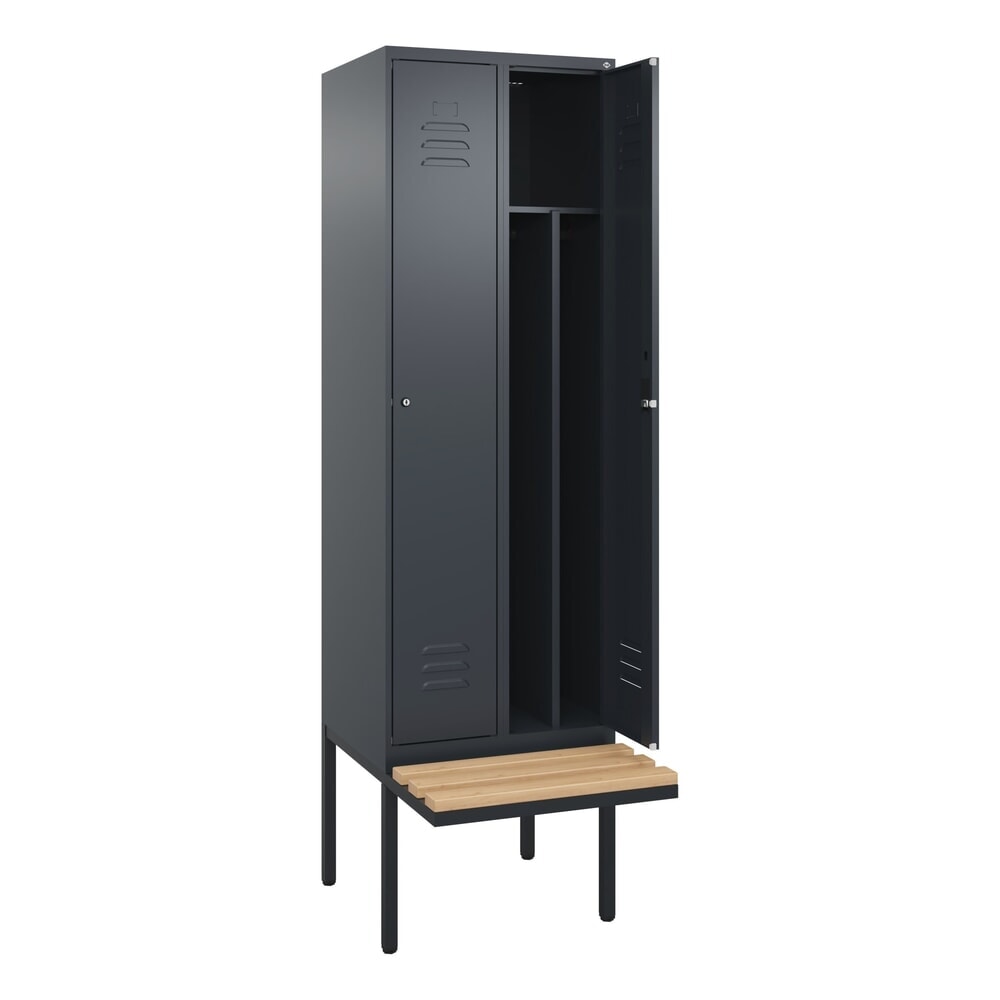 Produktabbildung: C+P Spind Classic PLUS, 2 Abteile, Trennwand, HxBxT 2.120 x 600 x 815 mm, Zylinderschloss, auskragende Bank aus Buche, anthrazitgrau, anthrazitgrau