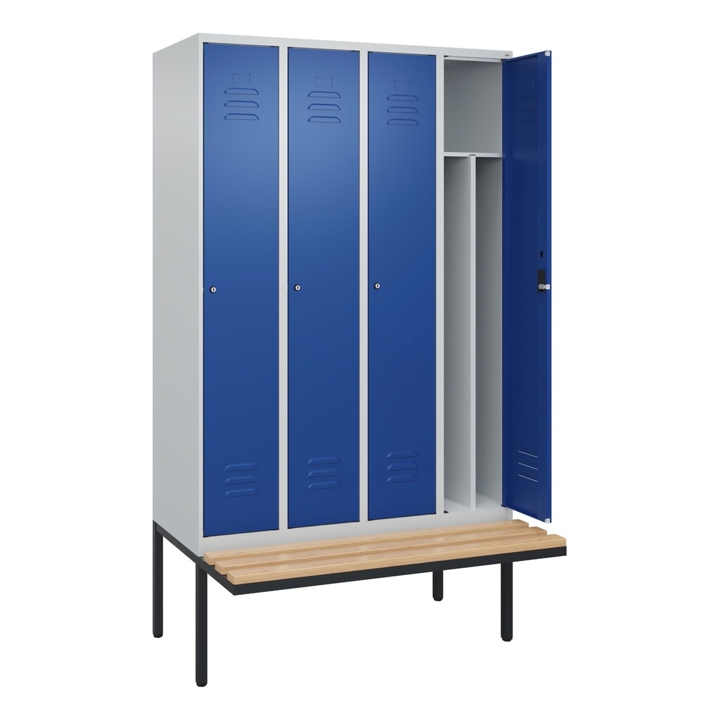 Produktabbildung: C+P Spind Classic PLUS, 4 Abteile, Trennwand, HxBxT 2.120 x 1.200 x 815 mm, Zylinderschloss, auskragende Bank aus Buche, lichtgrau, enzianblau