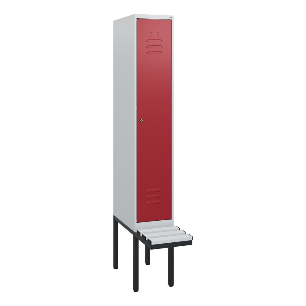 Produktabbildung: C+P Spind Classic PLUS, 1 Abteil, HxBxT 1.950 x 300 x 815 mm, Zylinderschloss, auskragende Bank aus Kunststoff, lichtgrau, rubinrot