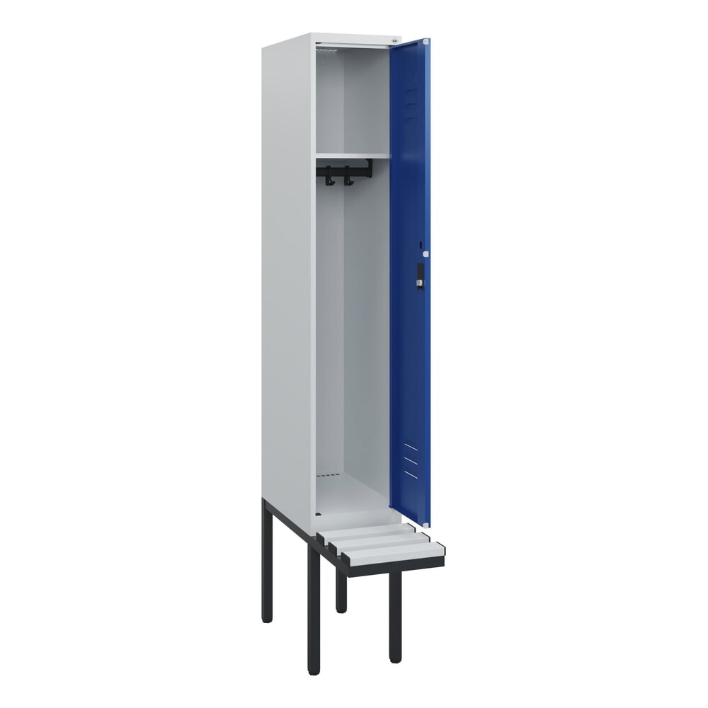 Produktabbildung: C+P Spind Classic PLUS, 1 Abteil, HxBxT 1.950 x 300 x 815 mm, Zylinderschloss, auskragende Bank aus Kunststoff, lichtgrau, enzianblau