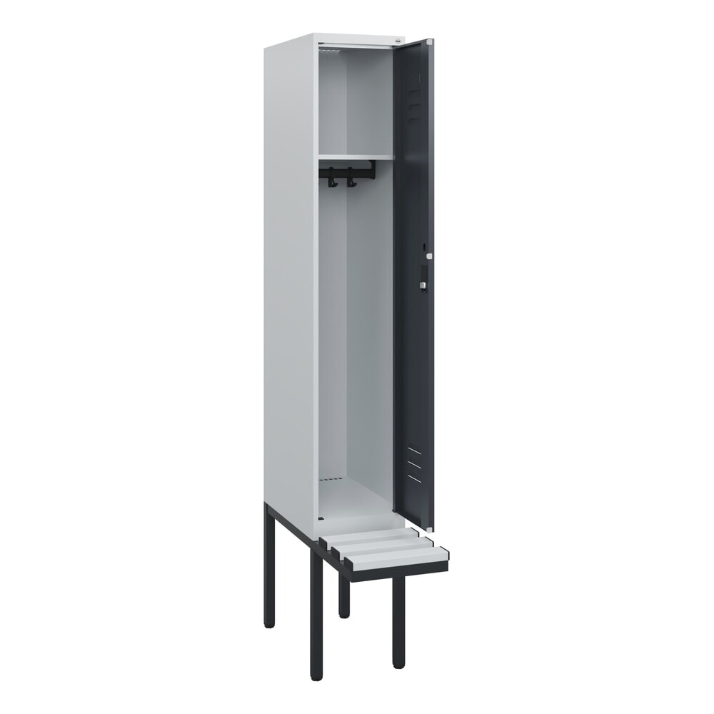 Produktabbildung Nr. 1: C+P Spind Classic PLUS, 1 Abteil, HxBxT 1.950 x 300 x 815 mm, Zylinderschloss, auskragende Bank aus Kunststoff, lichtgrau, anthrazitgrau