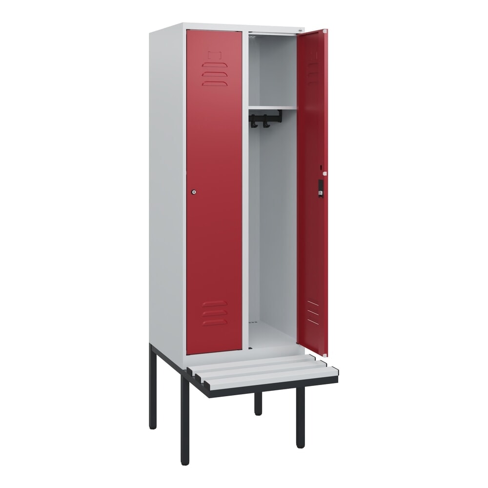 Produktabbildung: C+P Spind Classic PLUS, 2 Abteile, HxBxT 1.950 x 600 x 815 mm, Zylinderschloss, auskragende Bank aus Kunststoff, lichtgrau, rubinrot