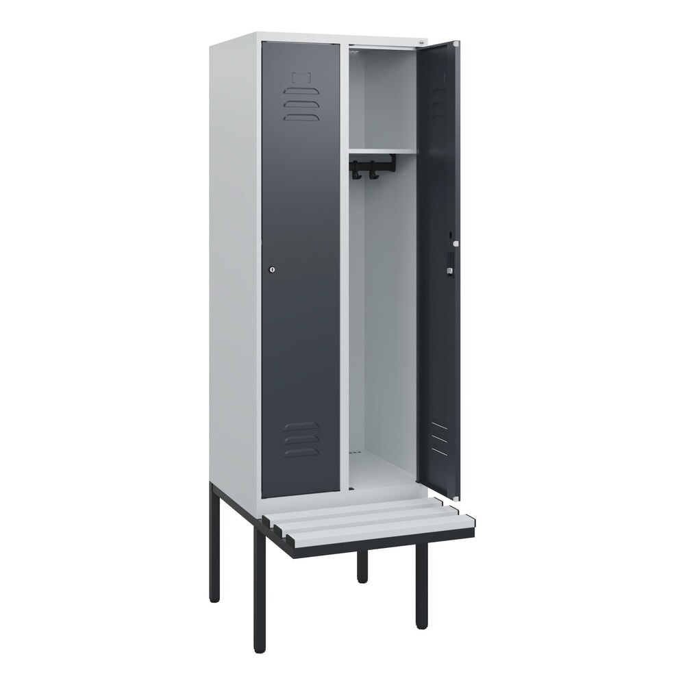 Produktabbildung: C+P Spind Classic PLUS, 2 Abteile, HxBxT 1.950 x 600 x 815 mm, Zylinderschloss, auskragende Bank aus Kunststoff, lichtgrau, anthrazitgrau