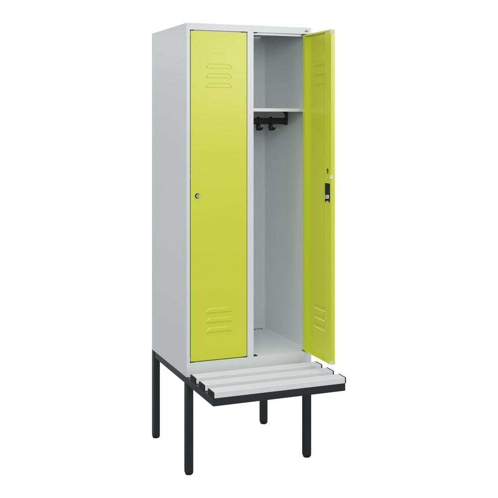Produktabbildung: C+P Spind Classic PLUS, 2 Abteile, HxBxT 1.950 x 600 x 815 mm, Zylinderschloss, auskragende Bank aus Kunststoff, lichtgrau, clowngrün