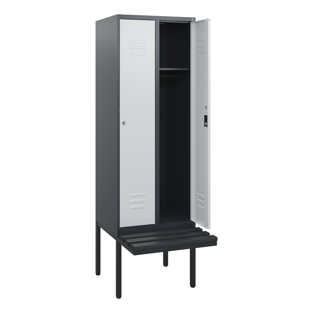 Produktabbildung: C+P Spind Classic PLUS, 2 Abteile, HxBxT 1.950 x 600 x 815 mm, Zylinderschloss, auskragende Bank aus Kunststoff, anthrazitgrau, lichtgrau