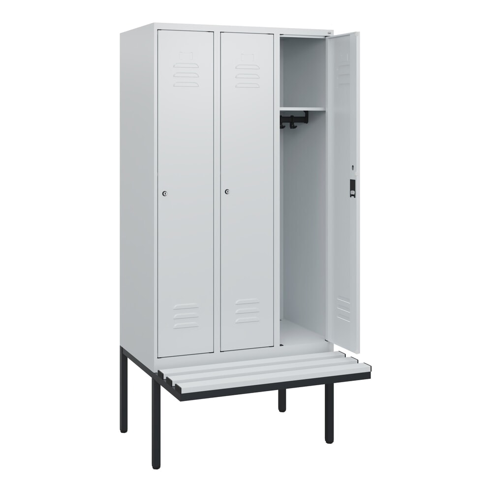 Produktabbildung: C+P Spind Classic PLUS, 3 Abteile, HxBxT 1.950 x 900 x 815 mm, Zylinderschloss, auskragende Bank aus Kunststoff, lichtgrau, lichtgrau