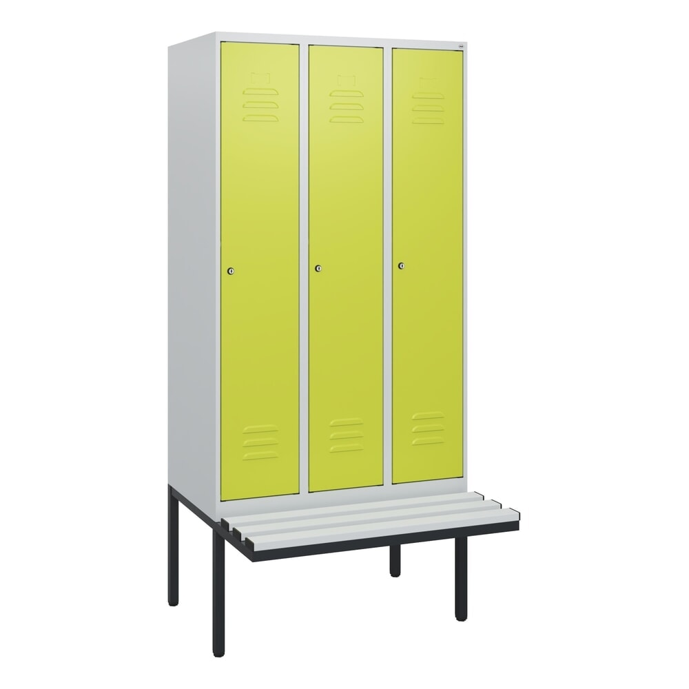 Produktabbildung Nr. 9: C+P Spind Classic PLUS, 3 Abteile, HxBxT 1.950 x 900 x 815 mm, Zylinderschloss, auskragende Bank aus Kunststoff, lichtgrau, clowngrün