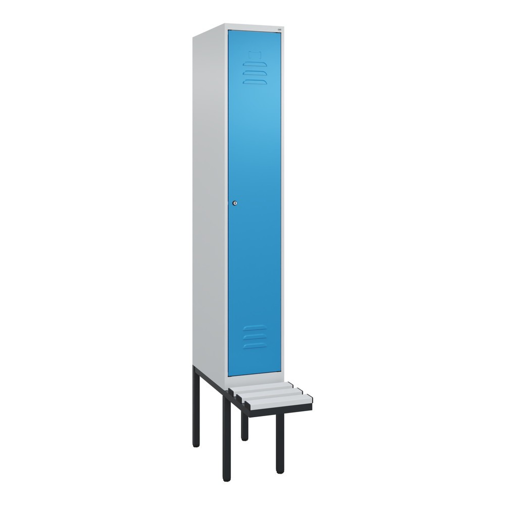 Produktabbildung: C+P Spind Classic PLUS, 1 Abteil, HxBxT 2.120 x 300 x 815 mm, Zylinderschloss, auskragende Bank aus Kunststoff, lichtgrau, lichtblau