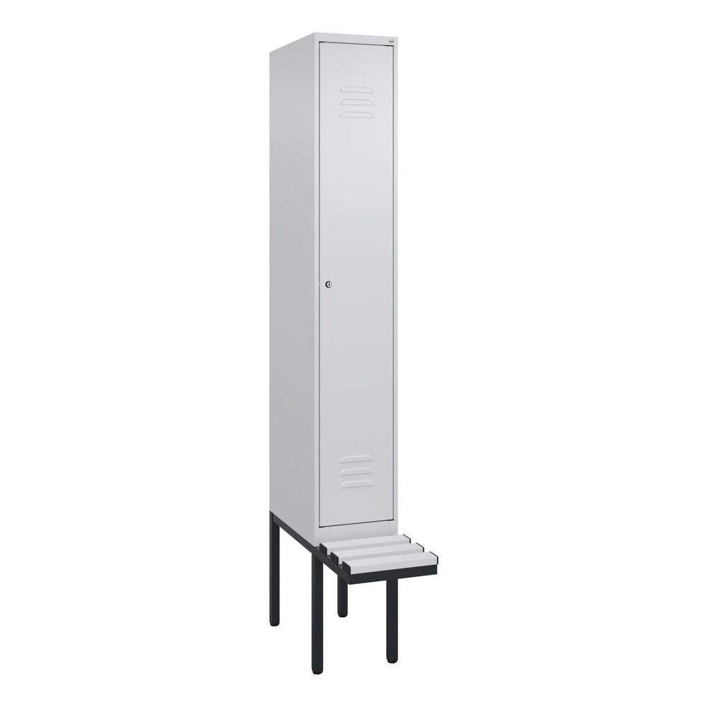 Produktabbildung: C+P Spind Classic PLUS, 1 Abteil, HxBxT 2.120 x 300 x 815 mm, Zylinderschloss, auskragende Bank aus Kunststoff, lichtgrau, lichtgrau