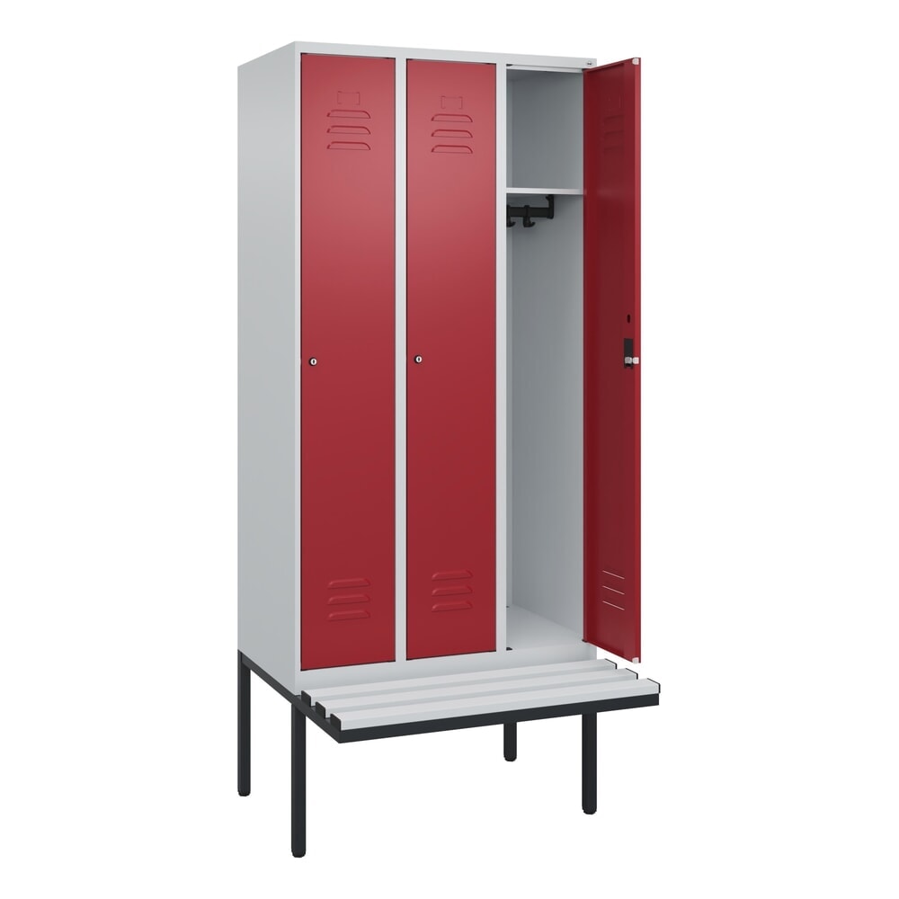 Produktabbildung: C+P Spind Classic PLUS, 3 Abteile, HxBxT 2.120 x 900 x 815 mm, Zylinderschloss, auskragende Bank aus Kunststoff, lichtgrau, rubinrot