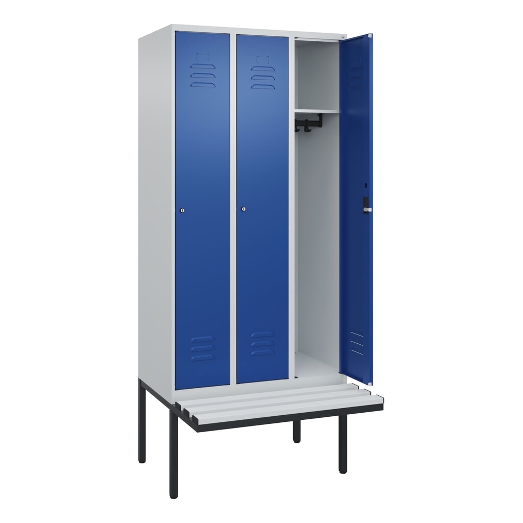 Produktabbildung: C+P Spind Classic PLUS, 3 Abteile, HxBxT 2.120 x 900 x 815 mm, Zylinderschloss, auskragende Bank aus Kunststoff, lichtgrau, enzianblau