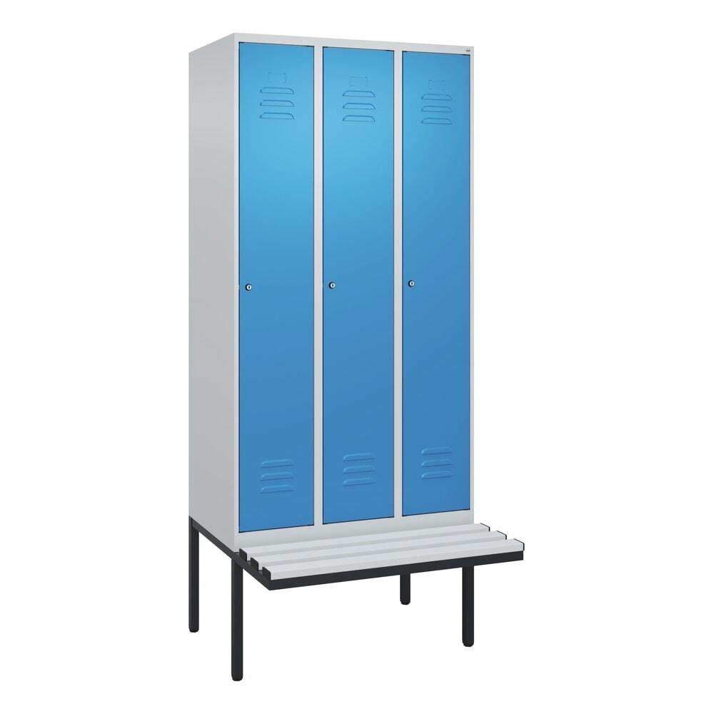 Produktabbildung Nr. 9: C+P Spind Classic PLUS, 3 Abteile, HxBxT 2.120 x 900 x 815 mm, Zylinderschloss, auskragende Bank aus Kunststoff, lichtgrau, lichtblau
