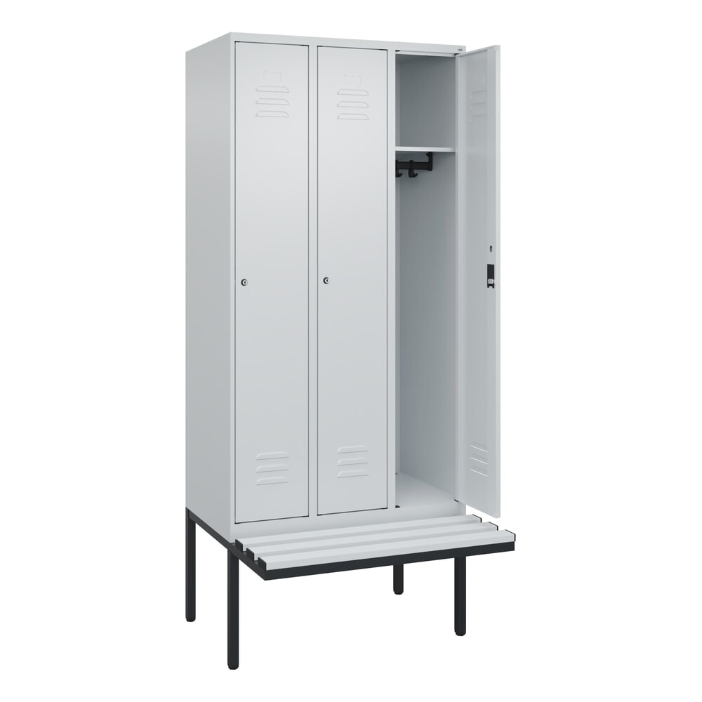 C+P Spind Classic PLUS, 3 Abteile, HxBxT 2.120 x 900 x 815 mm, Zylinderschloss, auskragende Bank aus Kunststoff, lichtgrau, lichtgrau Produktabbildung Nr. 1: C+P Spind Classic PLUS, 3 Abteile, HxBxT 2.120 x 900 x 815 mm, Zylinderschloss, auskragende Bank aus Kunststoff, lichtgrau, lichtgrau