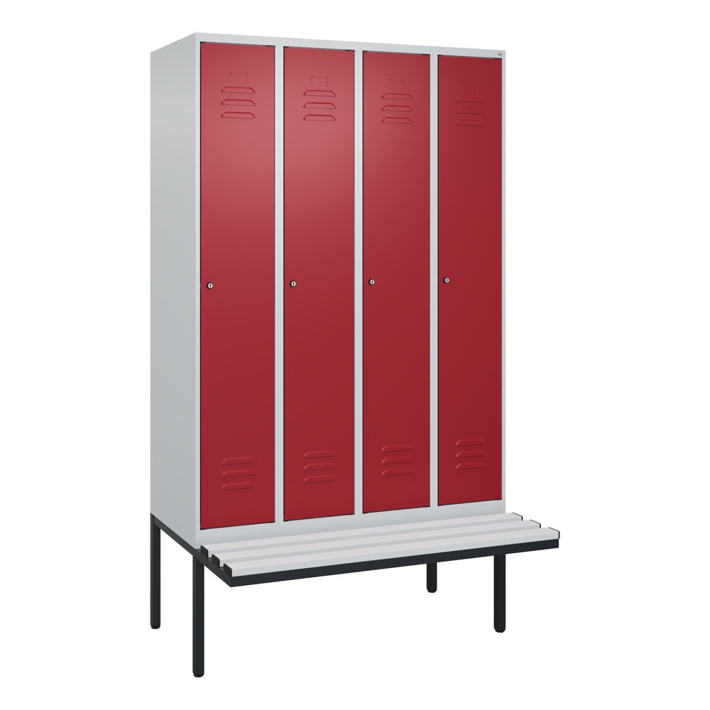 Produktabbildung: C+P Spind Classic PLUS, 4 Abteile, Trennwand, HxBxT 2.120 x 1.200 x 815 mm, Zylinderschloss, auskragende Bank aus Kunststoff, lichtgrau, rubinrot