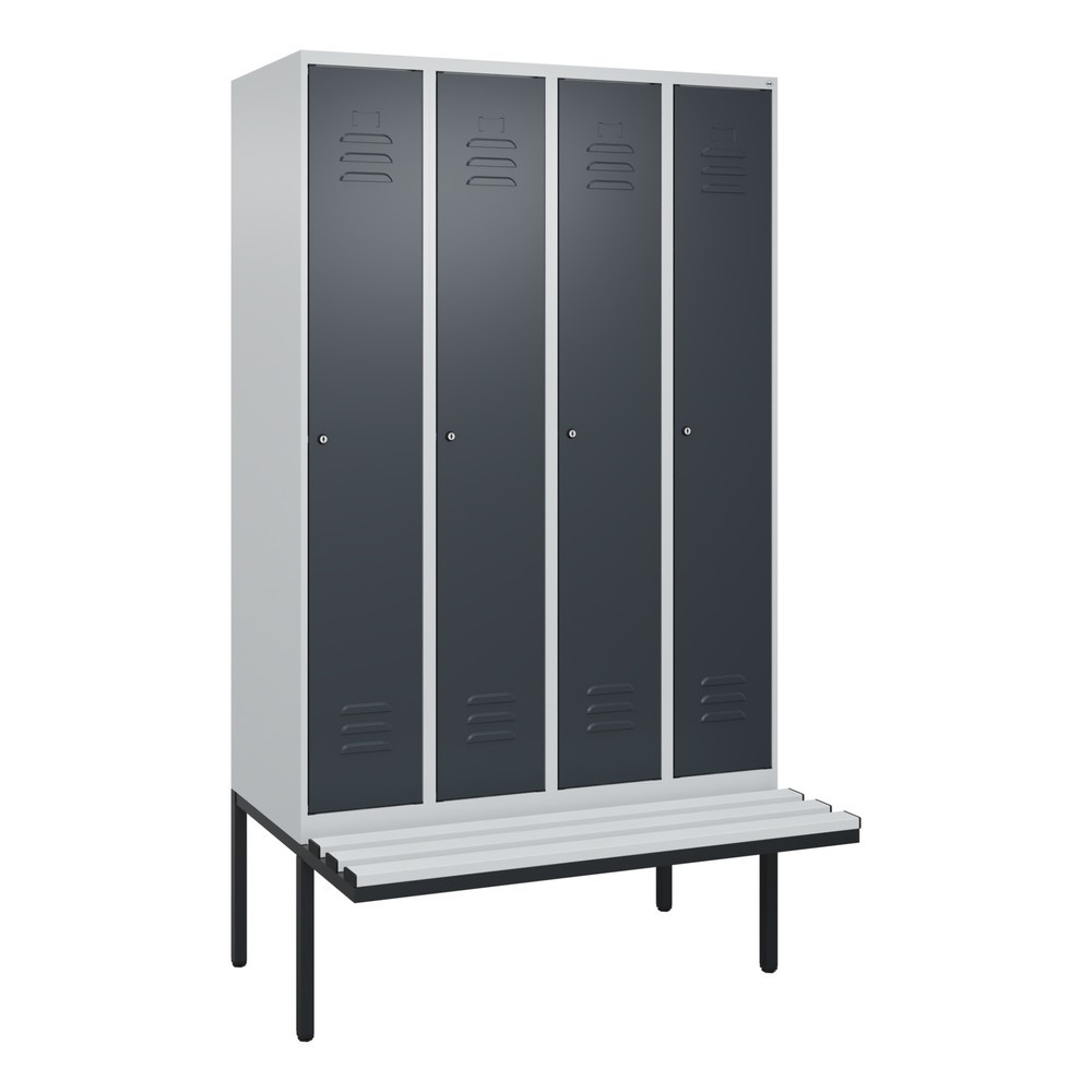 Produktabbildung: C+P Spind Classic PLUS, 4 Abteile, Trennwand, HxBxT 2.120 x 1.200 x 815 mm, Zylinderschloss, auskragende Bank aus Kunststoff, lichtgrau, anthrazitgrau