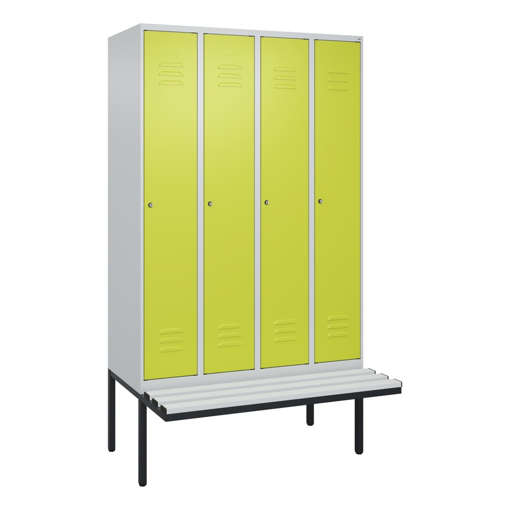 Produktabbildung: C+P Spind Classic PLUS, 4 Abteile, Trennwand, HxBxT 2.120 x 1.200 x 815 mm, Zylinderschloss, auskragende Bank aus Kunststoff, lichtgrau, clowngrün