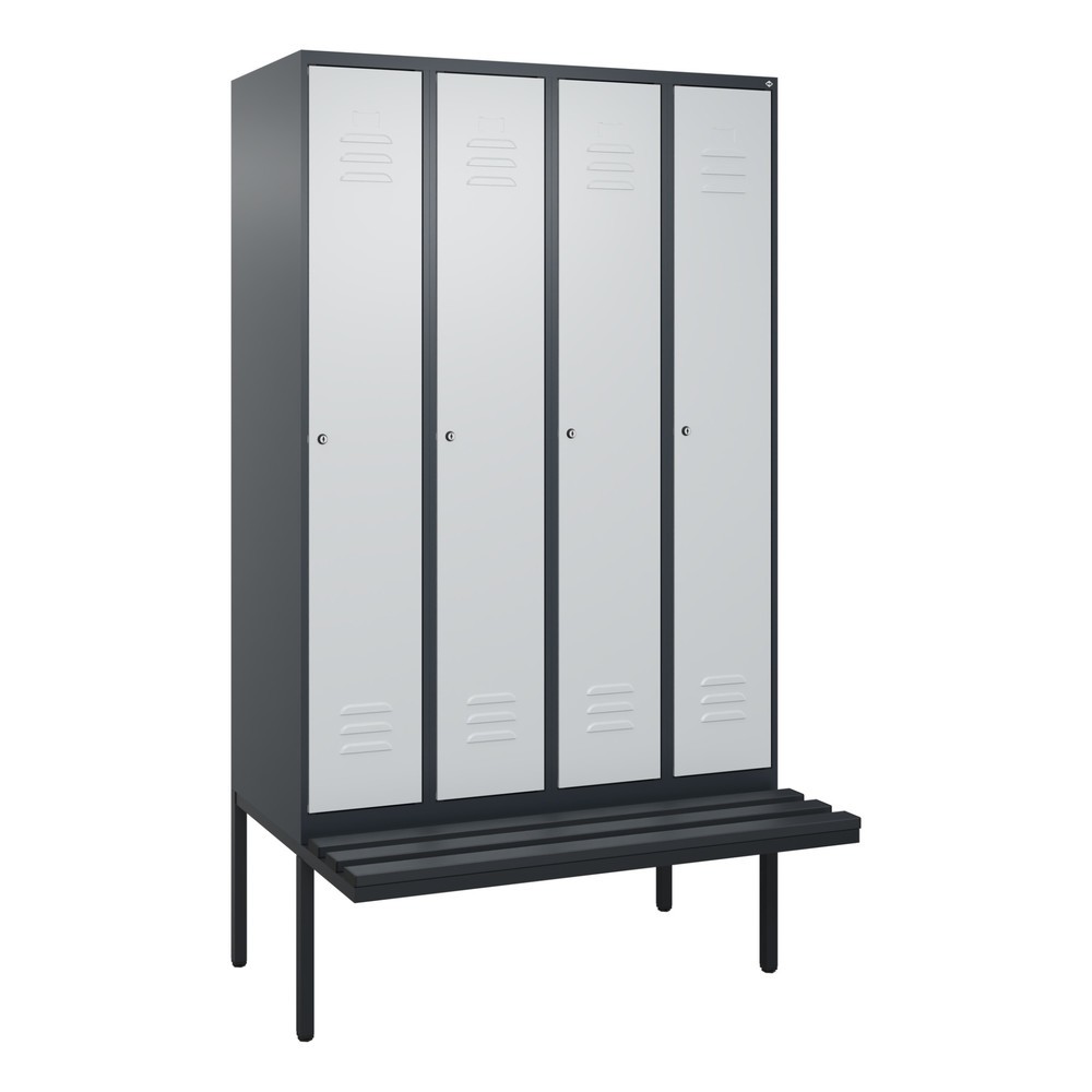 Produktabbildung: C+P Spind Classic PLUS, 4 Abteile, Trennwand, HxBxT 2.120 x 1.200 x 815 mm, Zylinderschloss, auskragende Bank aus Kunststoff, anthrazitgrau, lichtgrau