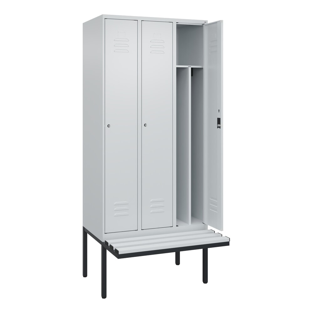 Produktabbildung: C+P Spind Classic PLUS, 3 Abteile, Trennwand, HxBxT 2.120 x 900 x 815 mm, Zylinderschloss, auskragende Bank aus Kunststoff, lichtgrau, lichtgrau