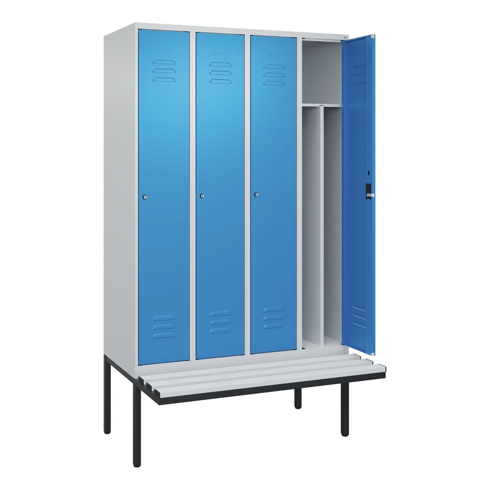 Produktabbildung: C+P Spind Classic PLUS, 4 Abteile, Trennwand, HxBxT 2.120 x 1.200 x 815 mm, Zylinderschloss, auskragende Bank aus Kunststoff, lichtgrau, lichtblau