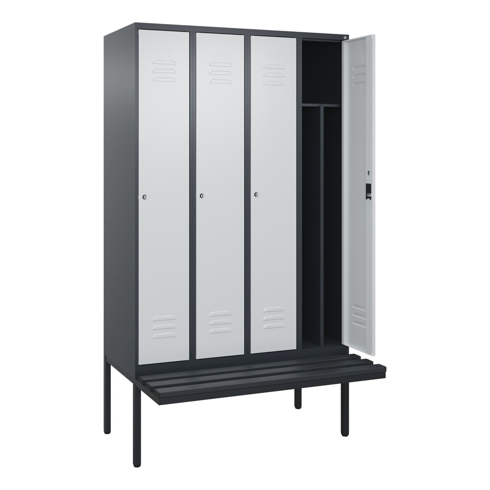 Produktabbildung: C+P Spind Classic PLUS, 4 Abteile, Trennwand, HxBxT 2.120 x 1.200 x 815 mm, Zylinderschloss, auskragende Bank aus Kunststoff, anthrazitgrau, lichtgrau