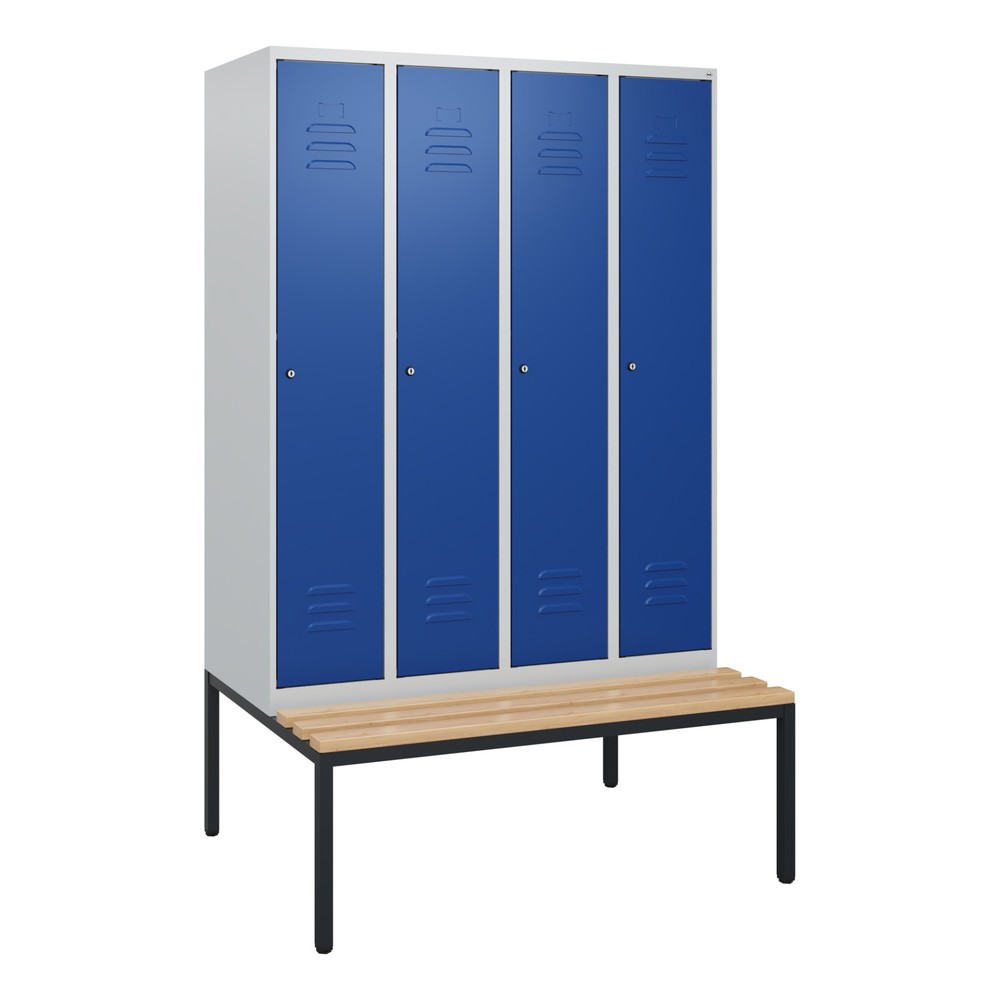 Produktabbildung: C+P Spind Classic PLUS, 4 Abteile, HxBxT 1.950 x 1.200 x 815 mm, Zylinderschloss, untergebaute Bank aus Buche, lichtgrau, enzianblau
