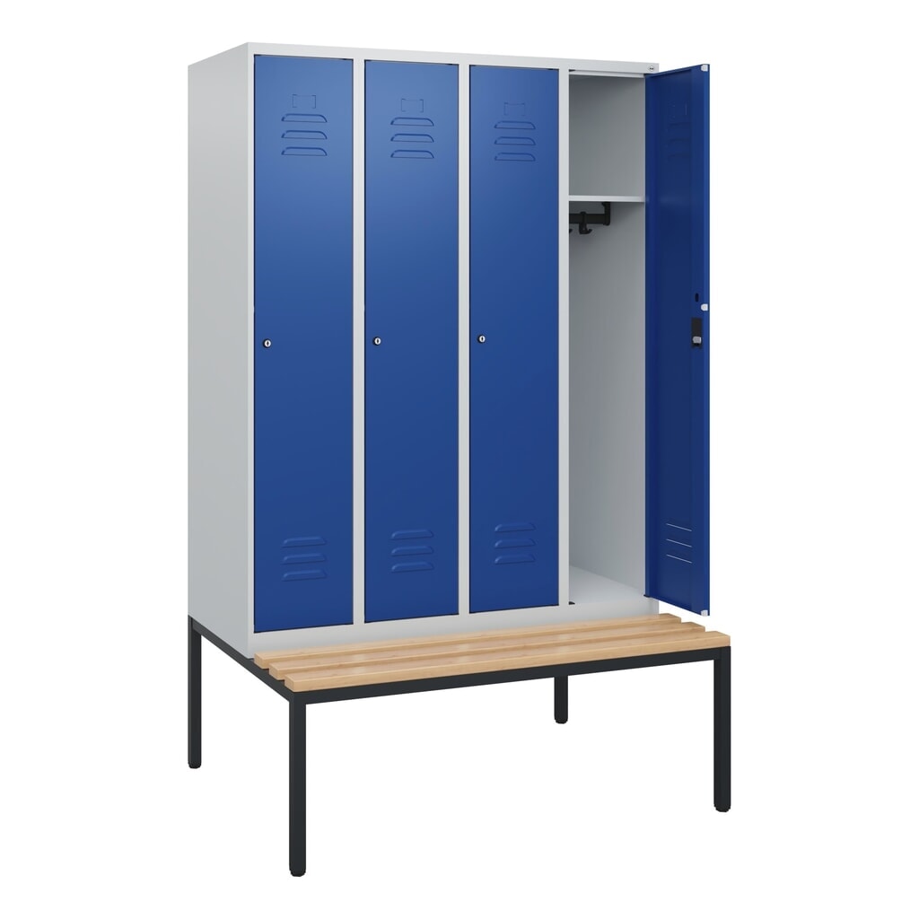 Produktabbildung: C+P Spind Classic PLUS, 4 Abteile, HxBxT 1.950 x 1.200 x 815 mm, Zylinderschloss, untergebaute Bank aus Buche, lichtgrau, enzianblau