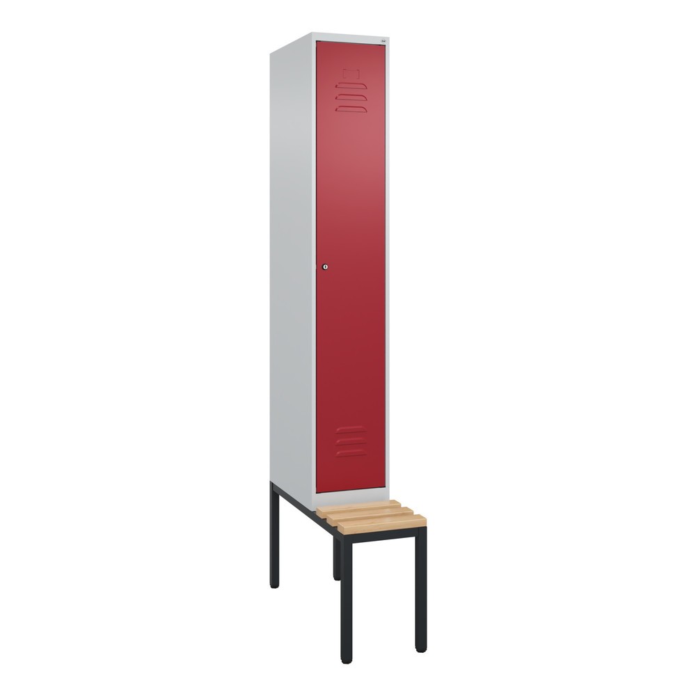 Produktabbildung: C+P Spind Classic PLUS, 1 Abteil, Trennwand, HxBxT 2.120 x 300 x 815 mm, Zylinderschloss, Trennwand, untergebaute Bank aus Buche, lichtgrau, rubinrot