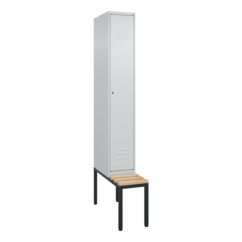 Produktabbildung: C+P Spind Classic PLUS, 1 Abteil, Trennwand, HxBxT 2.120 x 300 x 815 mm, Zylinderschloss, Trennwand, untergebaute Bank aus Buche, lichtgrau, lichtgrau