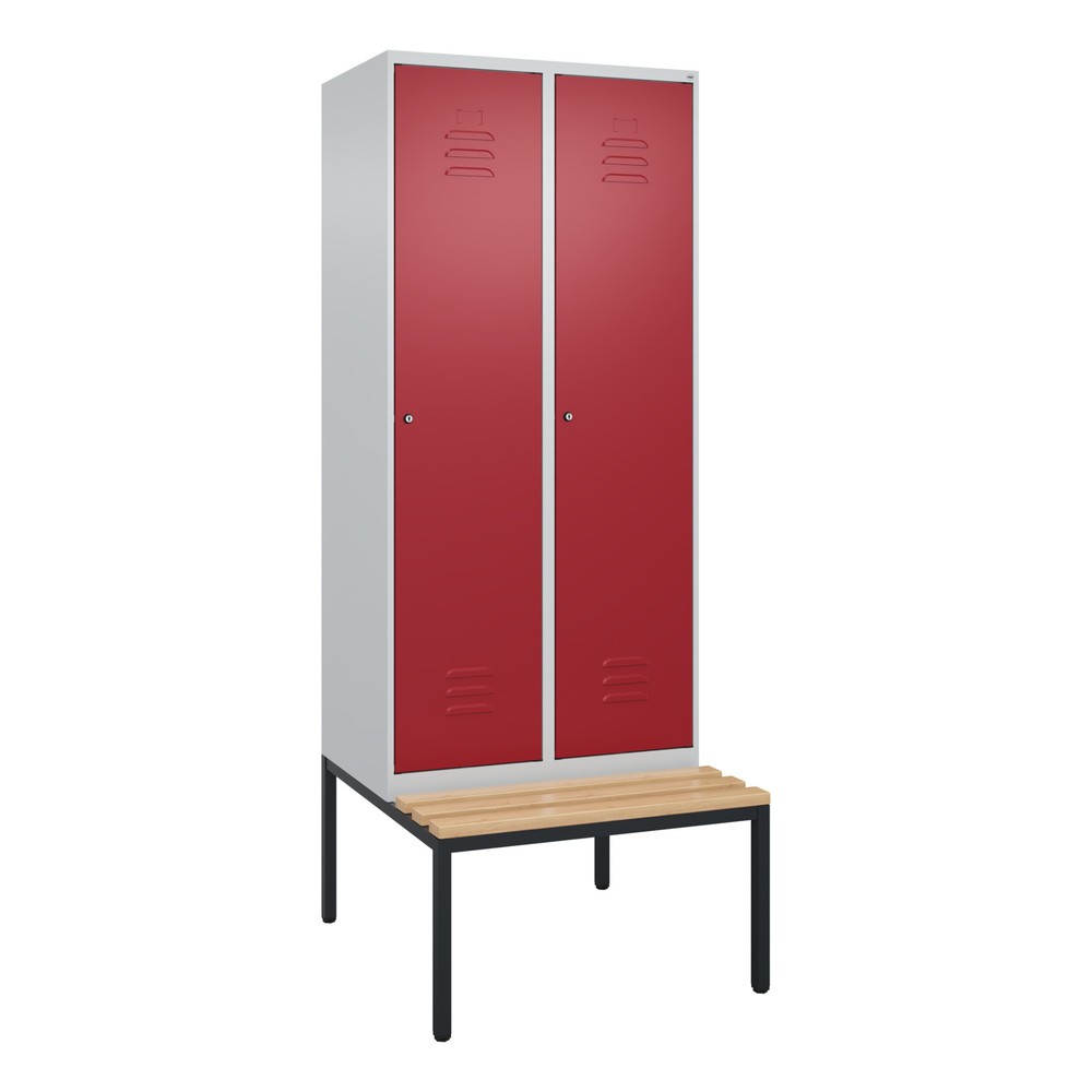 Produktabbildung: C+P Spind Classic PLUS, 2 Abteile, Trennwand, HxBxT 2.120 x 800 x 815 mm, Zylinderschloss, Trennwand, untergebaute Bank aus Buche, lichtgrau, rubinrot