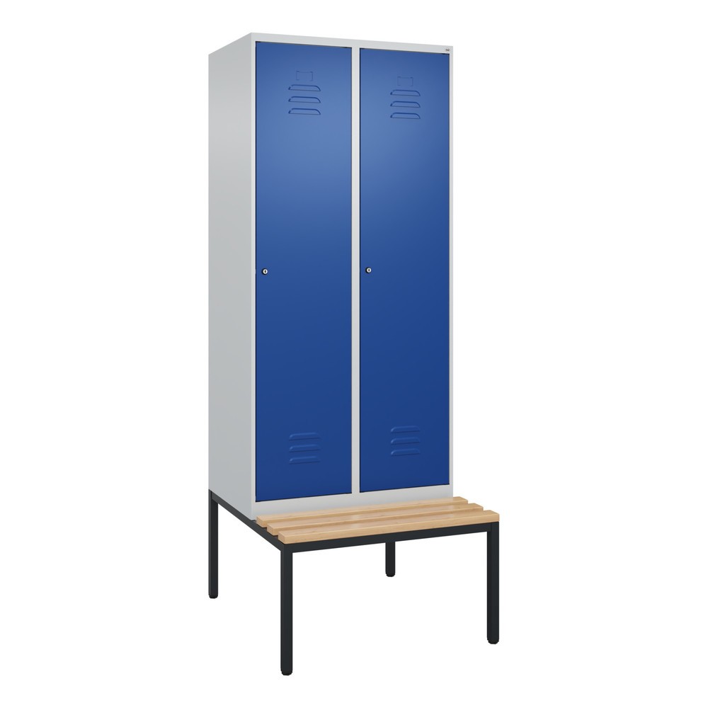 Produktabbildung: C+P Spind Classic PLUS, 2 Abteile, Trennwand, HxBxT 2.120 x 800 x 815 mm, Zylinderschloss, Trennwand, untergebaute Bank aus Buche, lichtgrau, enzianblau