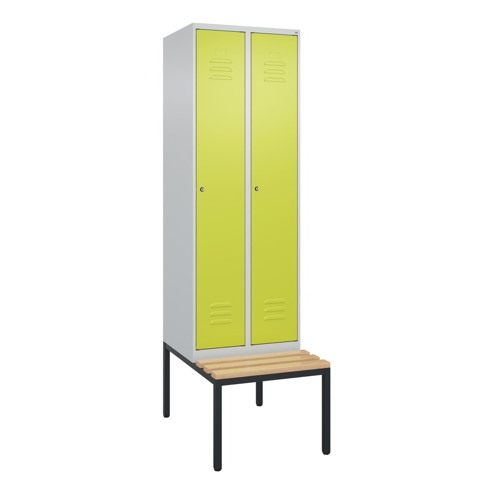 Produktabbildung Nr. 9: C+P Spind Classic PLUS, 2 Abteile, Trennwand, HxBxT 2.120 x 600 x 815 mm, Zylinderschloss, Trennwand, untergebaute Bank aus Buche, lichtgrau, clowngrün