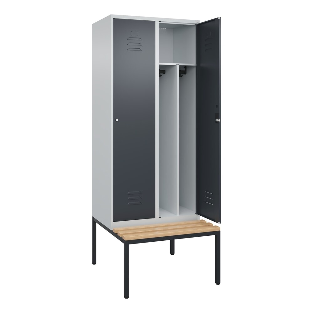 Produktabbildung: C+P Spind Classic PLUS, 2 Abteile, Trennwand, HxBxT 2.120 x 800 x 815 mm, Zylinderschloss, Trennwand, untergebaute Bank aus Buche, lichtgrau, anthrazitgrau