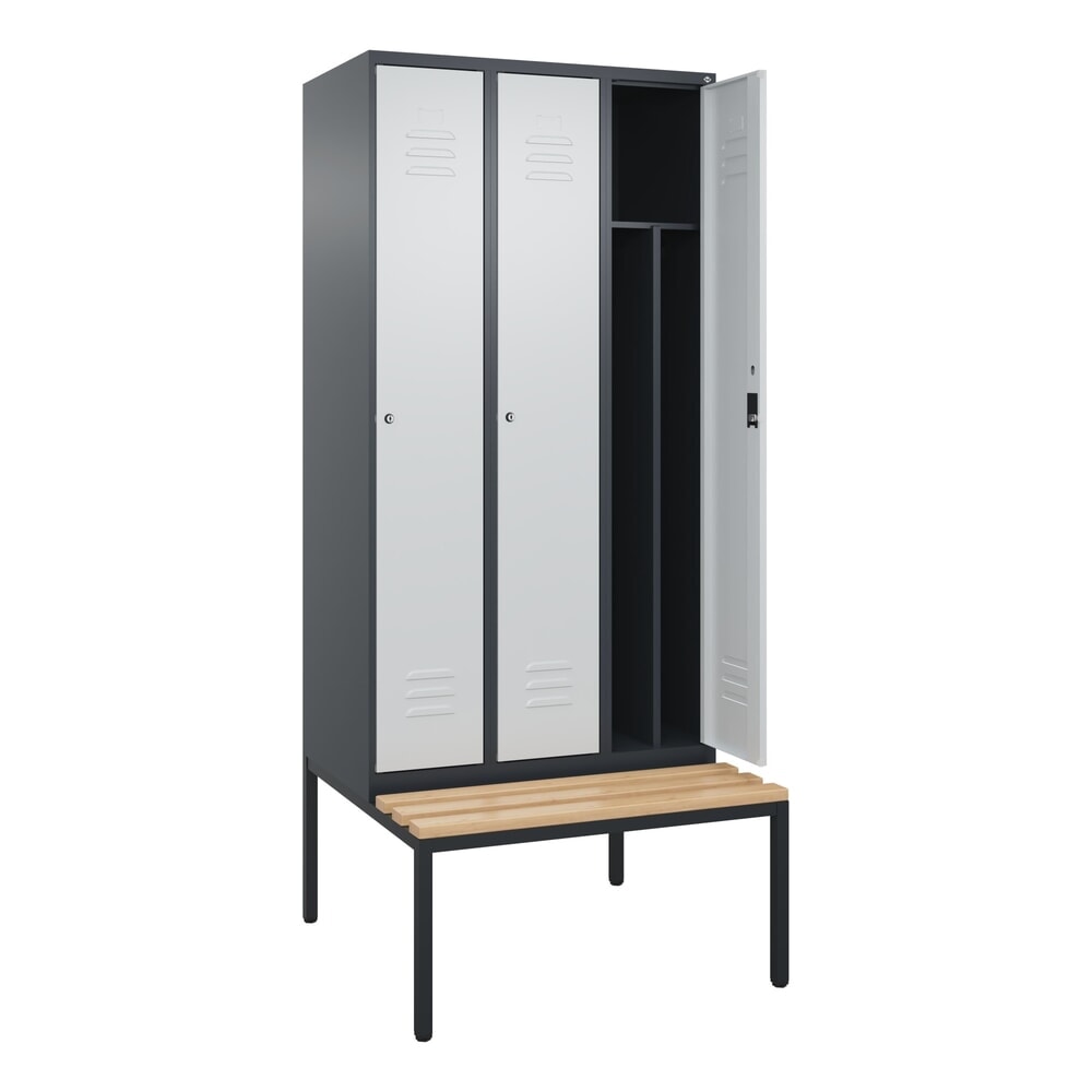C+P Spind Classic PLUS, 3 Abteile, Trennwand, HxBxT 2.120 x 900 x 815 mm, Zylinderschloss, Trennwand, untergebaute Bank aus Buche, anthrazitgrau, lichtgrau Produktabbildung Nr. 1: C+P Spind Classic PLUS, 3 Abteile, Trennwand, HxBxT 2.120 x 900 x 815 mm, Zylinderschloss, Trennwand, untergebaute Bank aus Buche, anthrazitgrau, lichtgrau