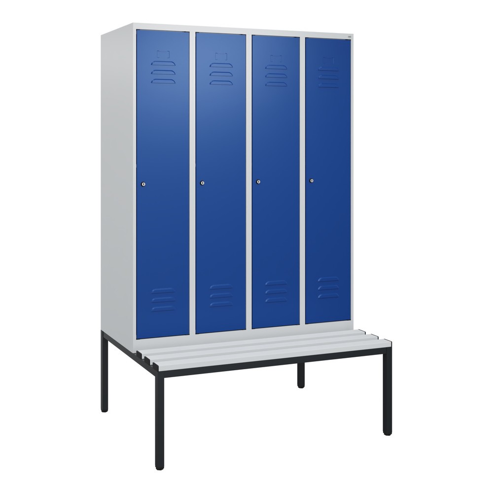 Produktabbildung: C+P Spind Classic PLUS, 4 Abteile, HxBxT 1.950 x 1.200 x 815 mm, Zylinderschloss, untergebaute Bank aus Kunststoff, lichtgrau, enzianblau