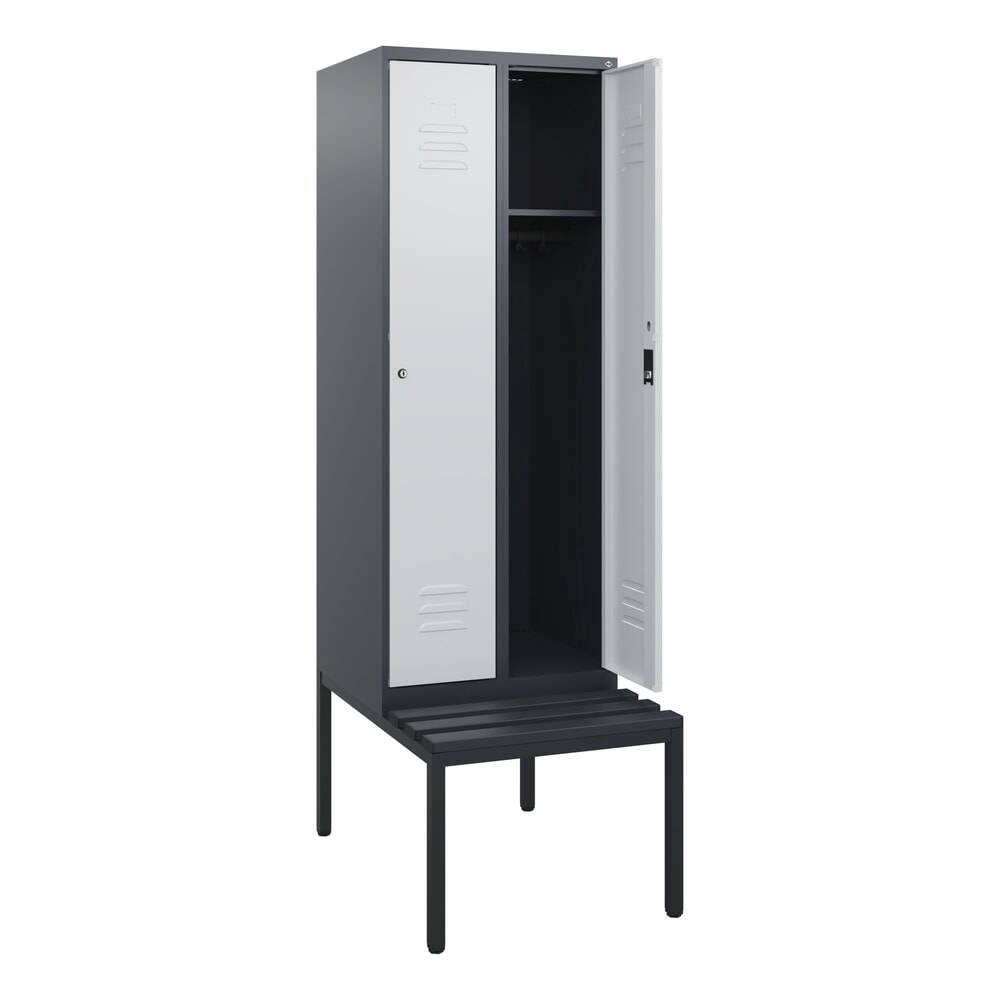 Produktabbildung: C+P Spind Classic PLUS, 2 Abteile, HxBxT 1.950 x 600 x 815 mm, Zylinderschloss, untergebaute Bank aus Kunststoff, anthrazitgrau, lichtgrau
