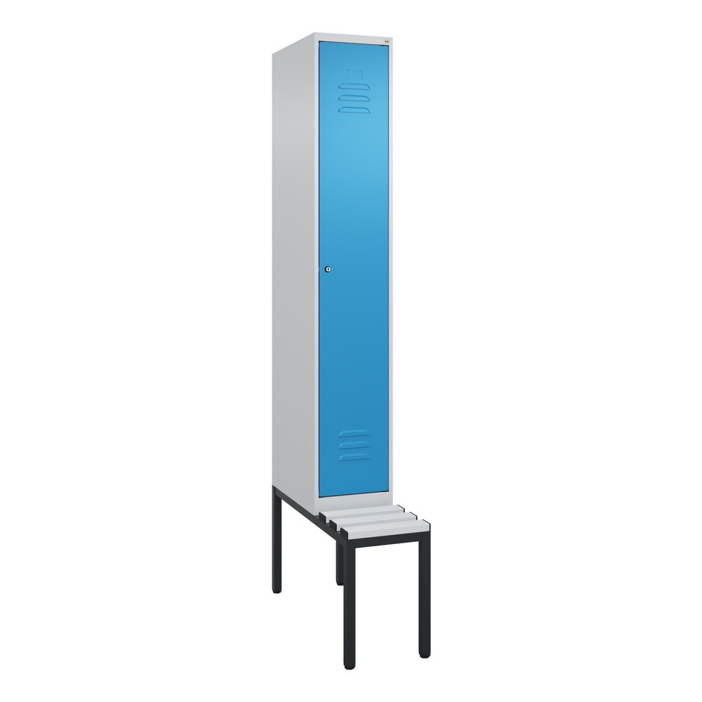 Produktabbildung: C+P Spind Classic PLUS, 1 Abteil, HxBxT 2.120 x 300 x 815 mm, Zylinderschloss, untergebaute Bank aus Kunststoff, lichtgrau, lichtblau