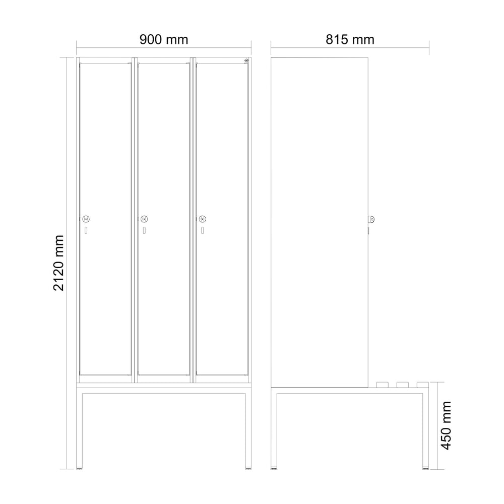 Produktabbildung Nr. 8: C+P Spind Classic PLUS, 3 Abteile, HxBxT 2.120 x 900 x 815 mm, für Vorhängeschloss, untergebaute Bank aus Kunststoff, lichtgrau, lichtgrau