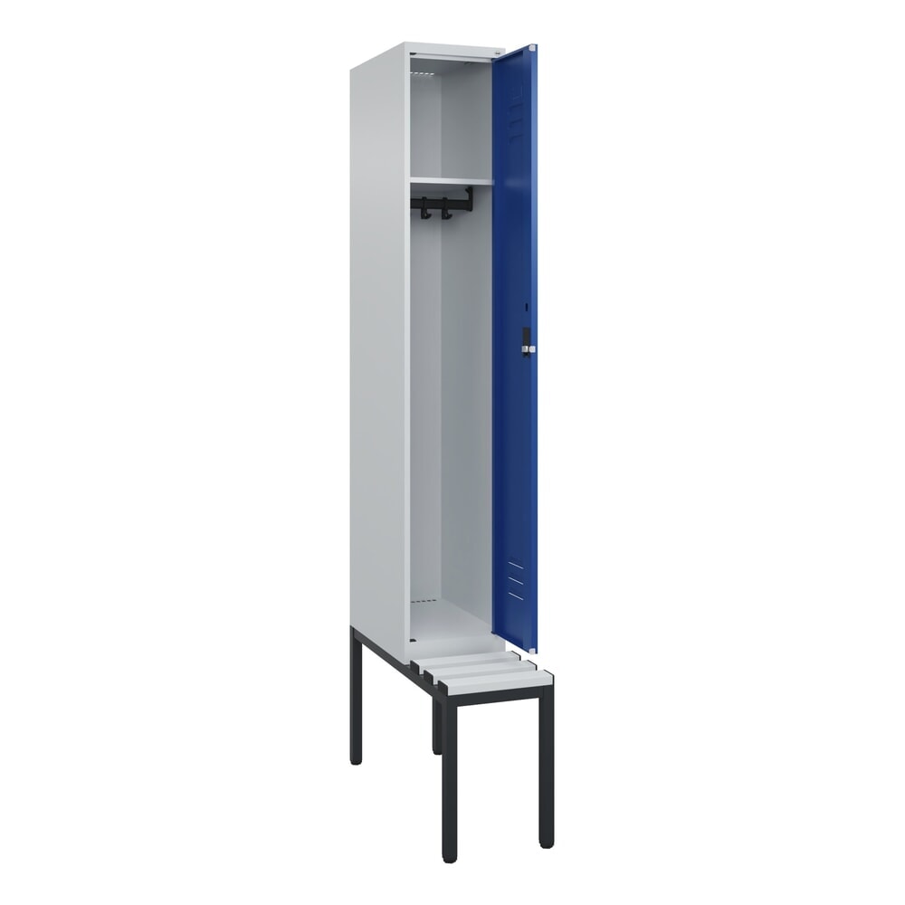 Produktabbildung: C+P Spind Classic PLUS, 1 Abteil, HxBxT 2.120 x 300 x 815 mm, Zylinderschloss, untergebaute Bank aus Kunststoff, lichtgrau, enzianblau