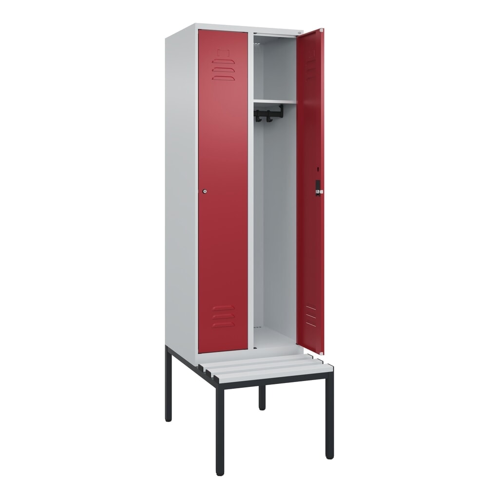 Produktabbildung: C+P Spind Classic PLUS, 2 Abteile, HxBxT 2.120 x 600 x 815 mm, Zylinderschloss, untergebaute Bank aus Kunststoff, lichtgrau, rubinrot