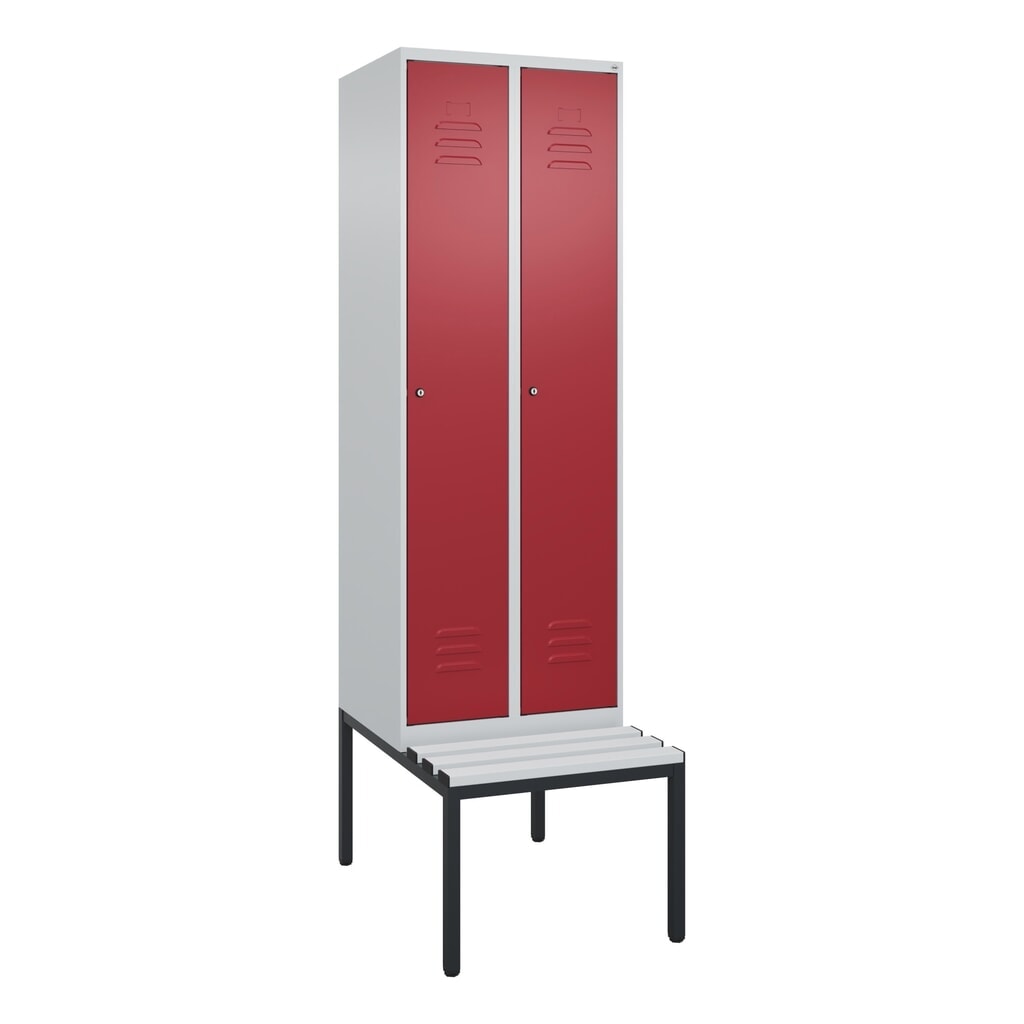 Produktabbildung Nr. 9: C+P Spind Classic PLUS, 2 Abteile, HxBxT 2.120 x 600 x 815 mm, Zylinderschloss, untergebaute Bank aus Kunststoff, lichtgrau, rubinrot
