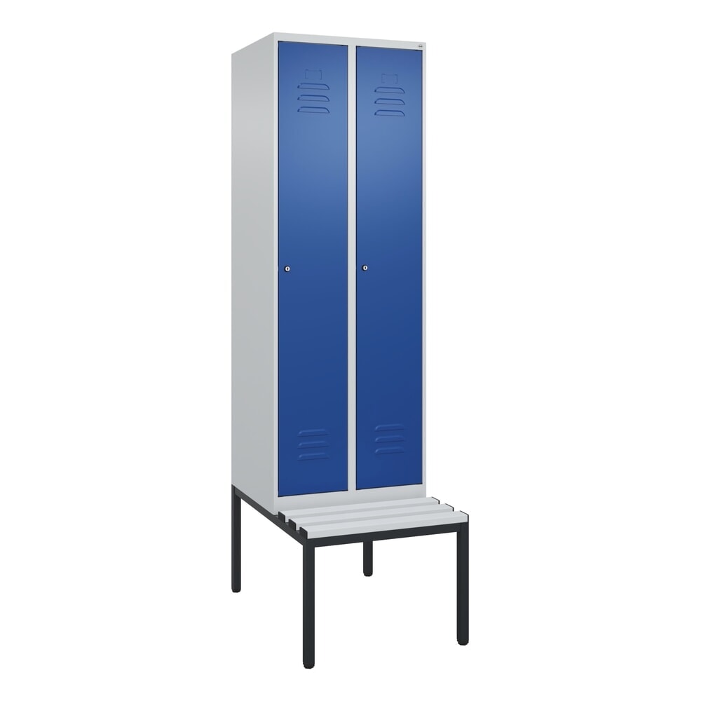 Produktabbildung Nr. 9: C+P Spind Classic PLUS, 2 Abteile, HxBxT 2.120 x 600 x 815 mm, Zylinderschloss, untergebaute Bank aus Kunststoff, lichtgrau, enzianblau
