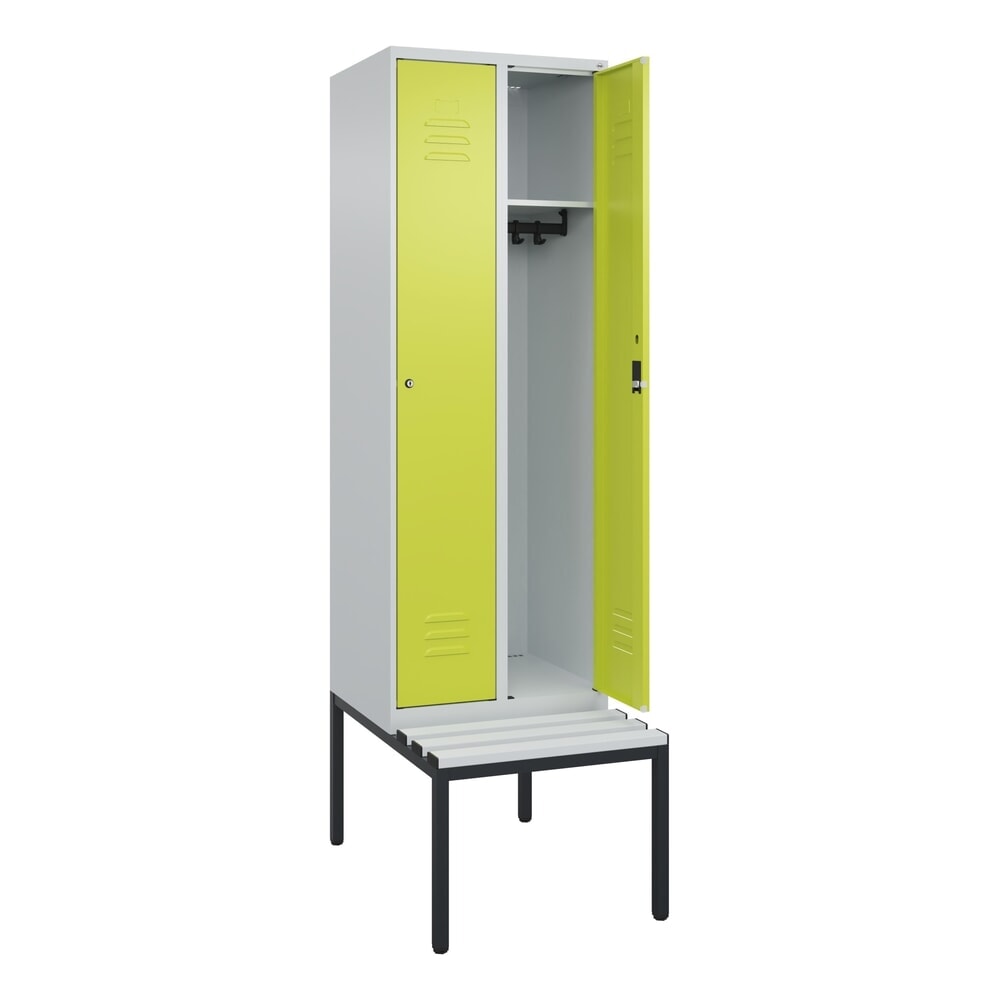 Produktabbildung: C+P Spind Classic PLUS, 2 Abteile, HxBxT 2.120 x 600 x 815 mm, Zylinderschloss, untergebaute Bank aus Kunststoff, lichtgrau, clowngrün
