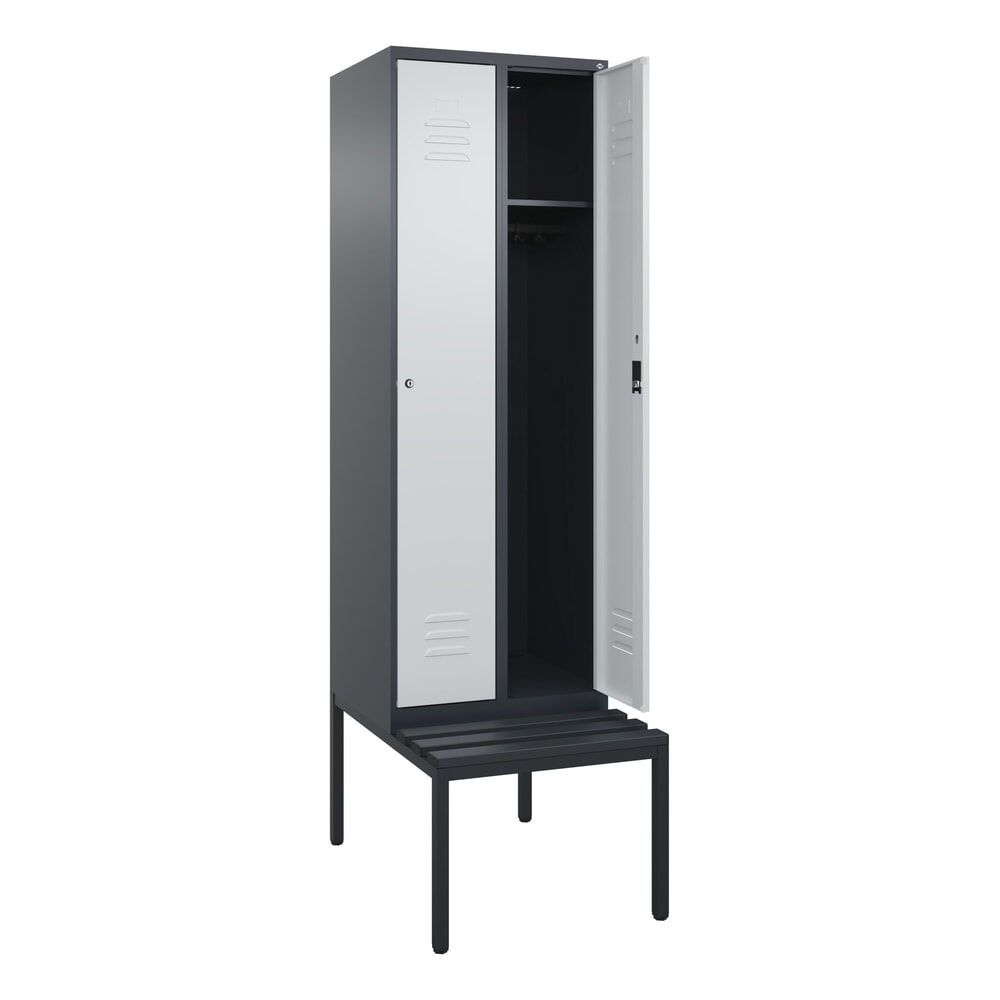 Produktabbildung: C+P Spind Classic PLUS, 2 Abteile, HxBxT 2.120 x 600 x 815 mm, Zylinderschloss, untergebaute Bank aus Kunststoff, anthrazitgrau, lichtgrau