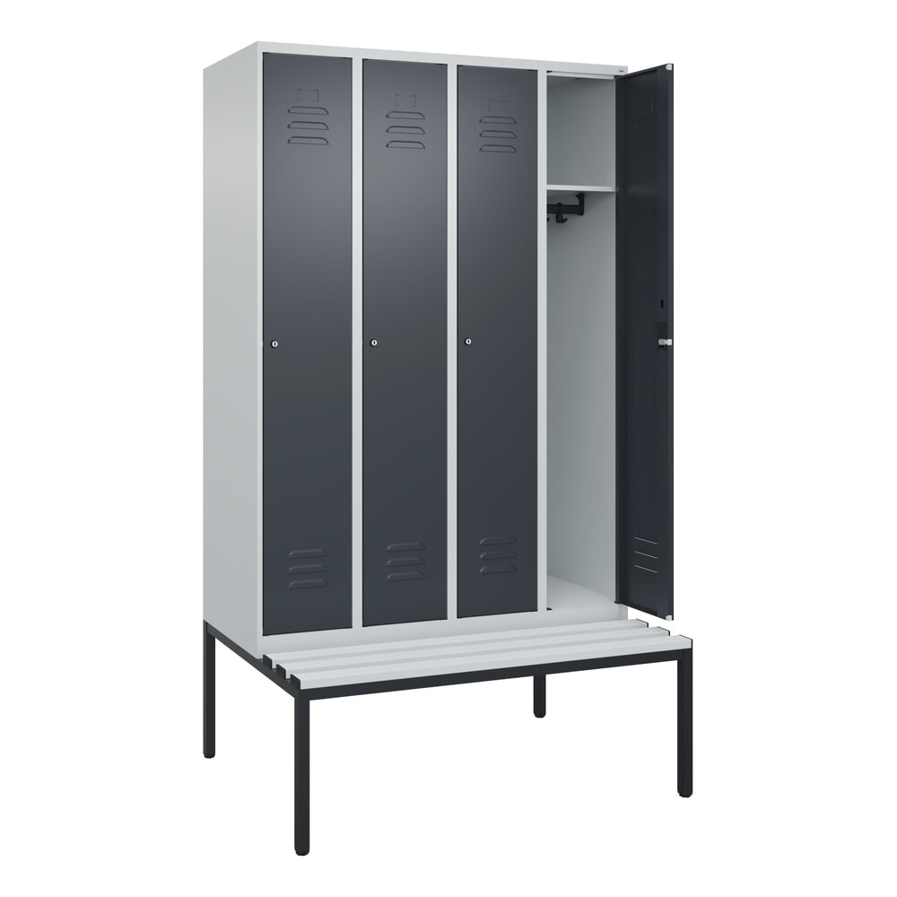 Produktabbildung: C+P Spind Classic PLUS, 4 Abteile, HxBxT 2.120 x 1.200 x 815 mm, Zylinderschloss, untergebaute Bank aus Kunststoff, lichtgrau, anthrazitgrau