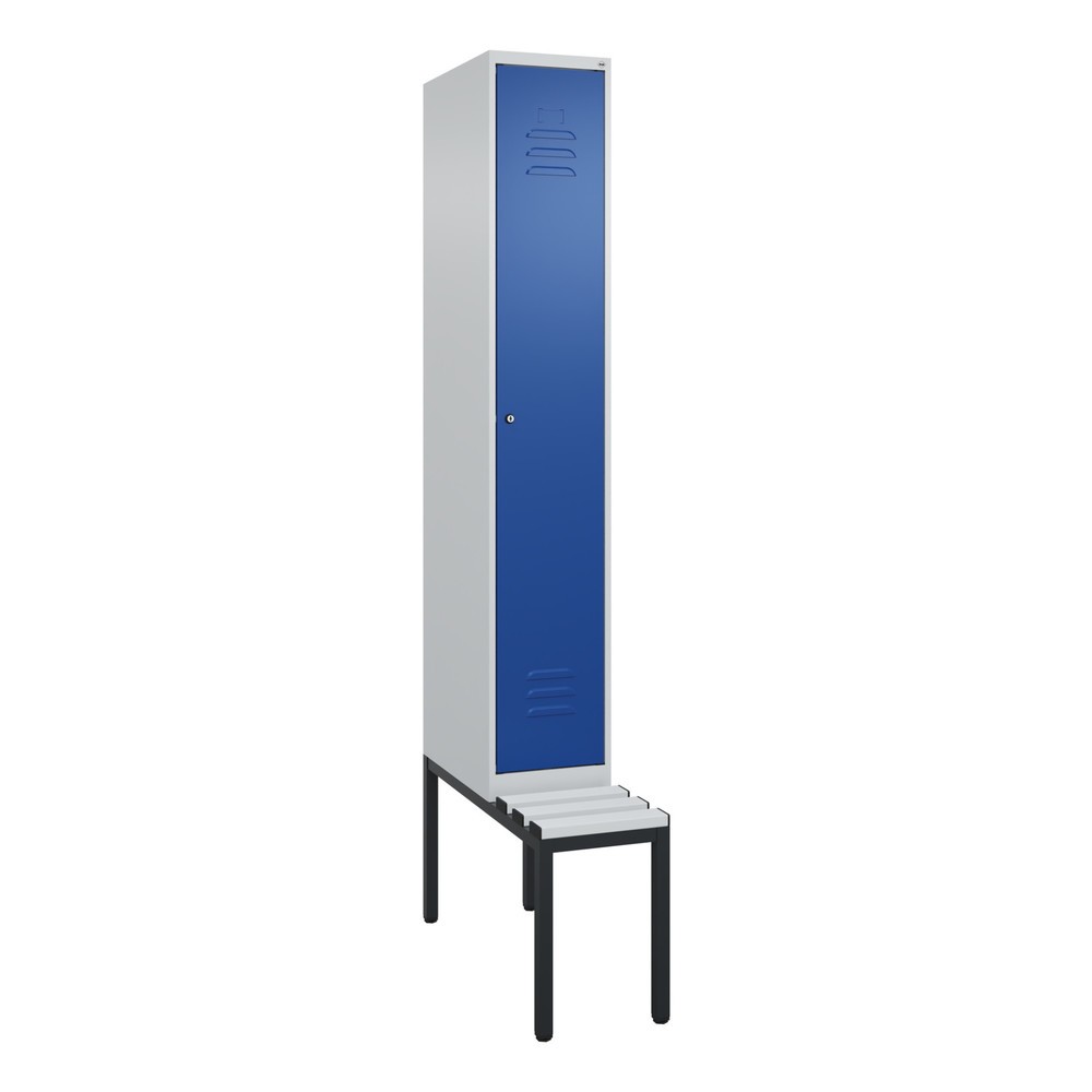 Produktabbildung: C+P Spind Classic PLUS, 1 Abteil, Trennwand, HxBxT 2.120 x 300 x 815 mm, Zylinderschloss, Trennwand, untergebaute Bank aus Kunststoff, lichtgrau, enzianblau
