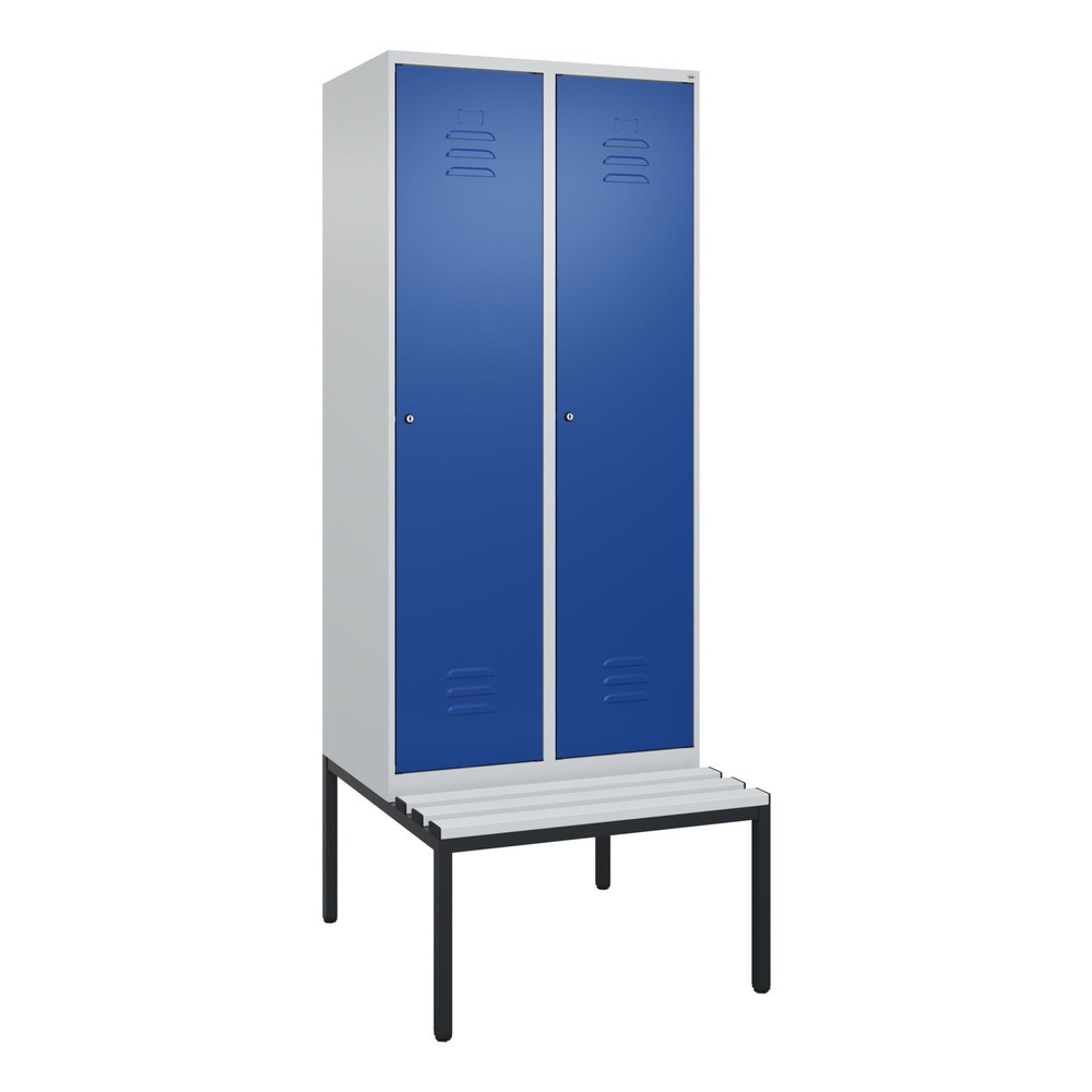 Produktabbildung: C+P Spind Classic PLUS, 2 Abteile, Trennwand, HxBxT 2.120 x 800 x 815 mm, Zylinderschloss, Trennwand, untergebaute Bank aus Kunststoff, lichtgrau, enzianblau