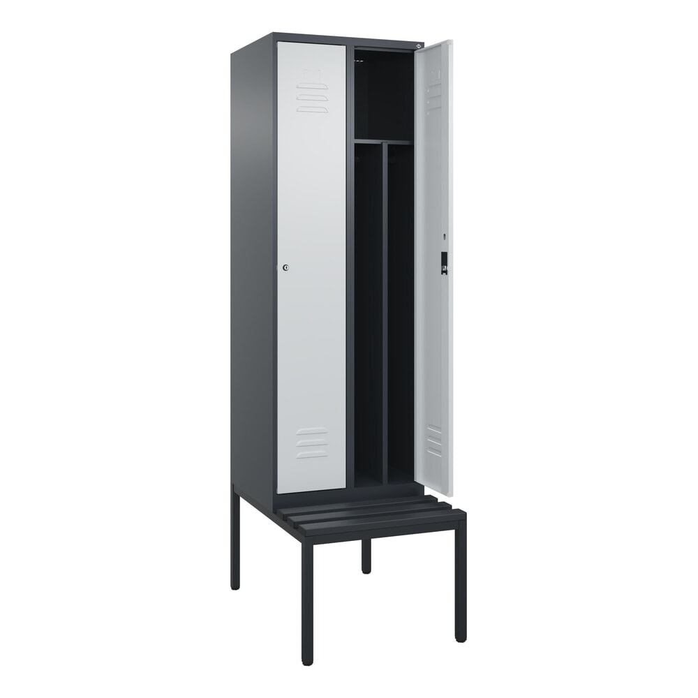 Produktabbildung: C+P Spind Classic PLUS, 2 Abteile, Trennwand, HxBxT 2.120 x 600 x 815 mm, Zylinderschloss, Trennwand, untergebaute Bank aus Kunststoff, anthrazitgrau, lichtgrau