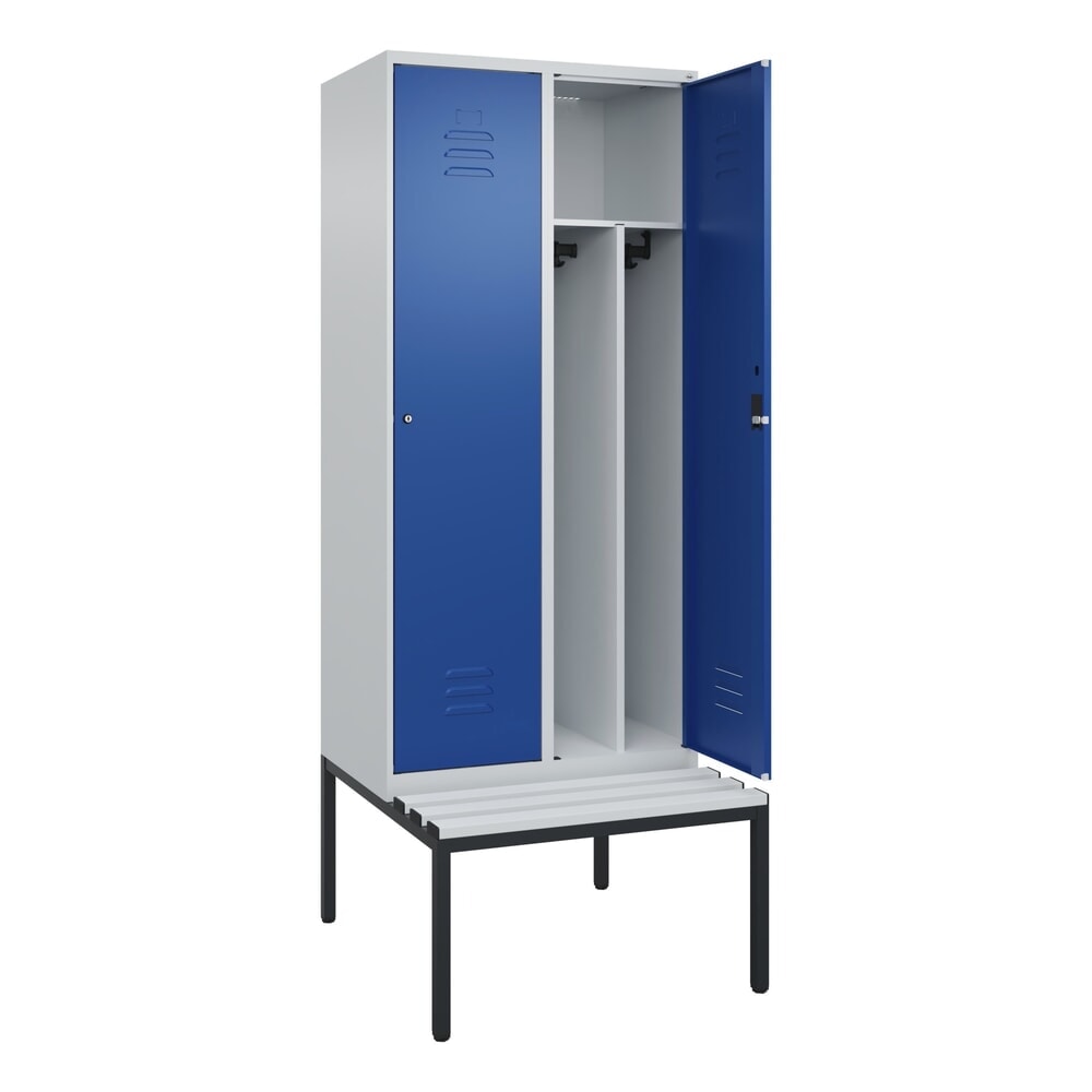 Produktabbildung: C+P Spind Classic PLUS, 2 Abteile, Trennwand, HxBxT 2.120 x 800 x 815 mm, Zylinderschloss, Trennwand, untergebaute Bank aus Kunststoff, lichtgrau, enzianblau